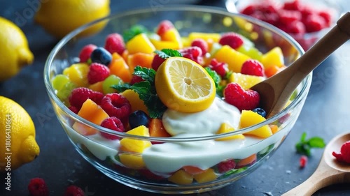 Vibrant fruit salad preparation featuring a glass bowl filled with assorted colorful fruits like mango raspberry and blueberry garnished with mint and lemon showcasing close-up details and bright