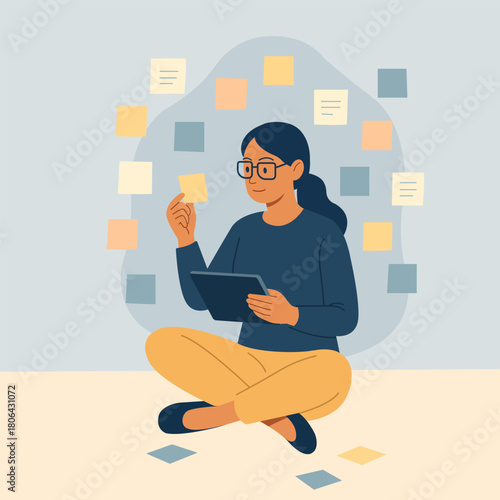 Woman sitting with a tablet, surrounded by sticky notes and ideas. Planning, creativity and productivity in flat vector illustration.