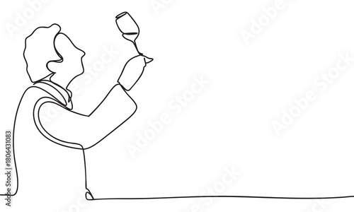 Sommelier Evaluating Wine in a Continuous Line Drawing