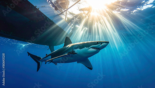Wallpaper Mural Great white shark swimming underwater with sunlight Torontodigital.ca