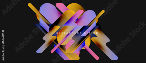 Abstract shapes overlap, creating vibrant color gradients. Modern design elements suggest dynamic composition, ideal for backgrounds.
