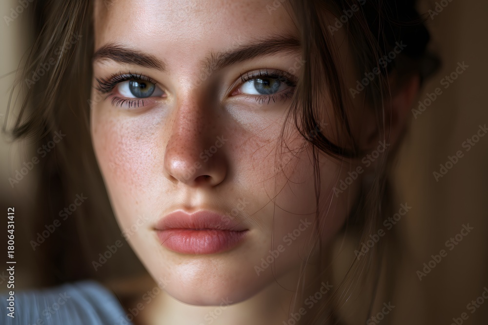 Fototapeta premium Close up portrait of a woman with freckles and blue eyes looking at the camera