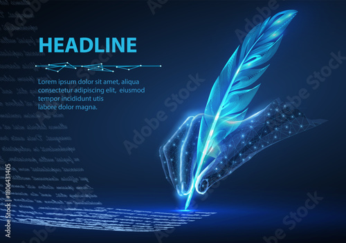 Feather in digital hand. Automatic text generator, AI writing, artificial intelligence copywriter, digital letter, chatgpt storytelling, art technology, electronic signature concept

