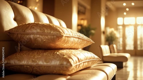 Close-up of ornate golden pillows arranged on a luxurious leather sofa in an elegant living room setting featuring soft natural light warm tones and subtle reflections from smooth surfaces in a