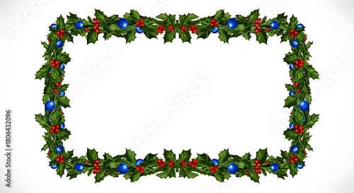 A christmas frame made of holly leaves, red berries, and blue ornaments against a white background