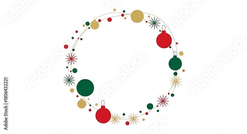 A christmas wreath with ornaments, stars, and dots in red, green, and gold on a white background