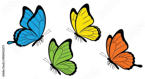 Four brightly colored butterflies with detailed wings in a simple illustration