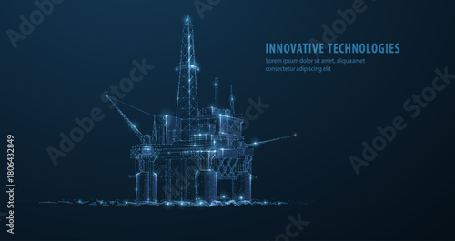 Oil rig. Abstract 3d floating rig platform isolated on blue. Gas platform, offshore drilling, refinery plant, petroleum industry, energy resource, innovation well drilling, oilfield equipment concept
