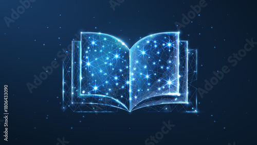 Abstract book with stars on a blue background. Digital book, web bookstore, fantasy style, Holy Bible, tech publication, online education, book festival, library concept. Literature symbol

