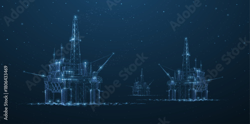 Oil rigs. Abstract 3d floating rig platform isolated on blue. Gas platform, offshore drilling, refinery plant, petroleum industry, energy resource, innovation well drilling, oilfield equipment concept