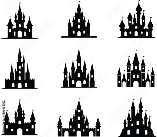 Fantasy castle silhouettes, black castle icons, medieval architecture, fairytale towers, vector castle set, symmetrical design, turrets, spires, flags, storytelling, game assets, illustration