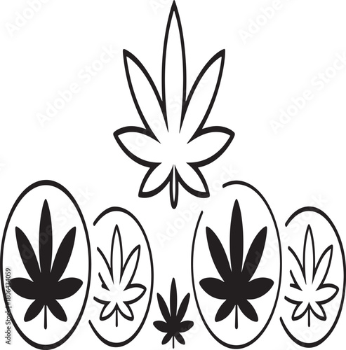 Cannabis leaves vector illustration featuring outline and solid shapes arranged on a dark background for natural concepts.