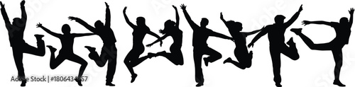 Energetic group silhouettes jumping and dancing in celebration, joyful people expressing freedom, unity, fun movement, dynamic poses perfect for creative design and advertising projects