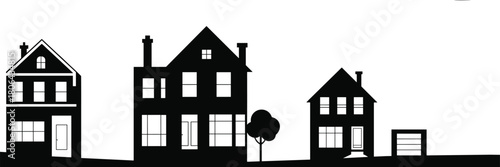 Residential neighborhood silhouette, suburban houses, detached garage, architectural variety, pitched roofs, chimneys, tree element, three-story home, urban housing,