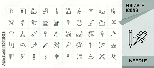 Needle icon set in linear style. Includes thin line symbols fashion, tailoring, sewing, sew, cloth, needlework and more. Needlework icon pack. Isolated icons. Pixel perfect. Editable stroke.