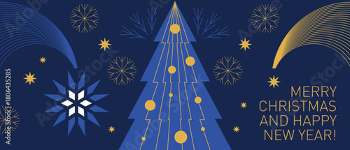 Christmas elegance modern geometric design, horizontal christmas ornament with snowflakes, christmas tree, star and decorative geometric elements