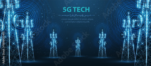 Abstract antenna mast on blue. 5G technology, telecommunication industry, telecom network, broadcast television, cell phone, 5G telecommunication, city communication, LTE transmitter concept.

