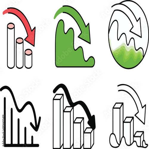 Six icons representing business decline, market fall, and economic decrease with various chart representations.
