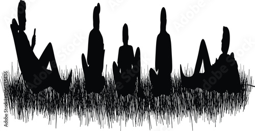 Group relaxing icon set, silhouette people sitting and lying on grass, black and white illustration, rest, outdoor, leisure, nature, vector grid
