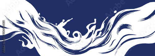 Dramatic, hand drawn abstract splashing water or dynamic waves in a white silhouette against a solid deep blue background. Features an expressive, Japanese sumi-e style.