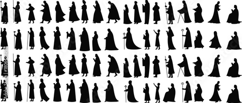 Silhouette, wizard, mage, robe, staff, gesture, pose, character, fantasy, magic, spell, action, motion, figure, black, grid, concept, design, animation, game, mystic, sorcerer, dramatic, stance