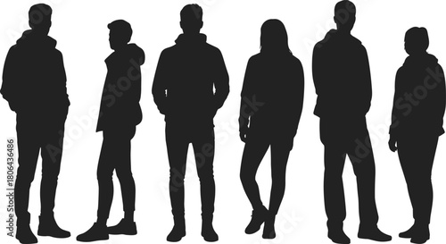 Silhouettes of diverse people standing in casual poses, modern group figures representing community, teamwork, lifestyle concepts, perfect for design, advertising,