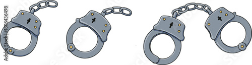 Handcuff illustration set with varied designs and chain links, black-and-white vector for security, law enforcement, and restraint concept