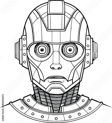 Detailed line art illustration of a robot head and shoulders with circular eyes and neck detail