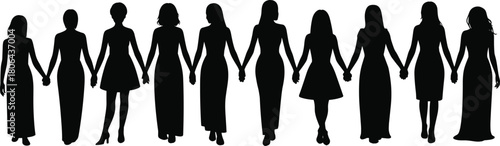 Silhouettes, women, unity, feminism, diversity, equality, sisterhood, empowerment, togetherness, solidarity, female, group, standing, line, holding hands, inclusive, support, black, white, 