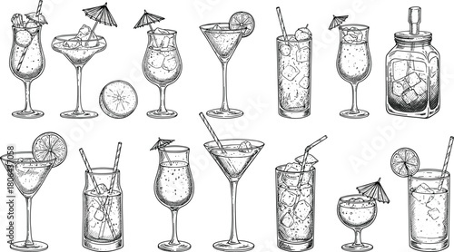 Hand-drawn cocktail and drink illustration set with vintage glassware and garnishes for hospitality, menu design, and vector content