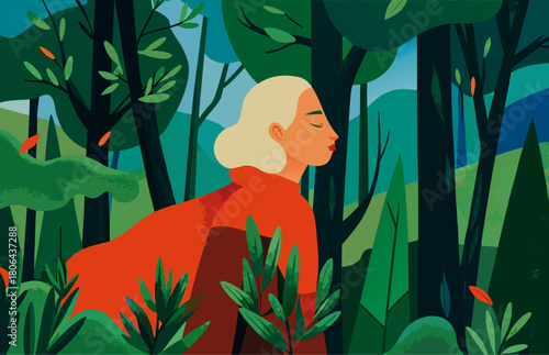 Serene Woman Walking Alone in Lush Abstract Forest, Embracing Nature and Mindfulness