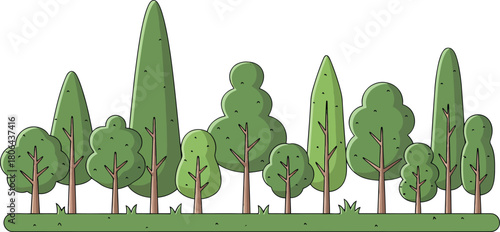 A cheerful and clean 2D vector illustration showcasing a diverse line of cartoon trees, representing a simplified and accessible vision of nature for World Tree Day.