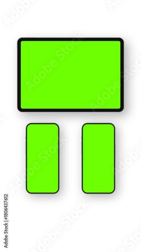 Tablet and smartphones animated mockups on white background, blank green screens for showcasing app interfaces, UI design and mobile layouts in vertical video