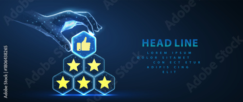 Customer review rating with five stars and thumb up. Reputation 5 stars, good feedback, quality rating, customer satisfaction concept. Vector illustration with icons isolated on blue

