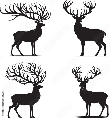 Collection of four majestic deer silhouettes, featuring elaborate and traditional antlers, perfect for design projects and logos.