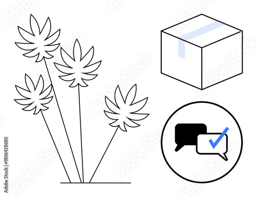 Cannabis leaves, taped box representing secure packaging, speech bubbles with a check mark for communication or approval. Ideal for e-commerce, delivery, verification, cannabis, logistics, messaging