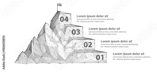 Infographic with 4 steps. Digital mountain. Step-by-step guide to digital success, 4-level business path, achieve level, solution strategy for achievement, technology career timeline, progress plan

