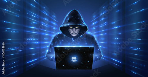Hacker. Cyber criminal with laptop and server room behind it. Cyber crime, hacker activity, ddos attack, digital system security, fraud money, cyberattack threat, malware virus alert concept

