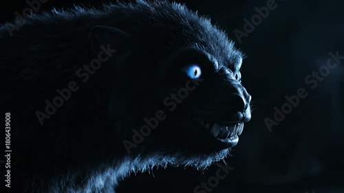 Werewolf snarls showing teeth with glowing blue eyes in darkness. Monster growls exposing fangs in profile. Werewolf creature with blue eyes snarling. Monster shows teeth growling in dark moonlight.