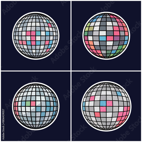 Disco balls with colorful facets and white outline