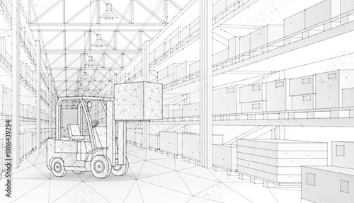 Digital warehouse. Automatic stock storage, modern distribution building, ecommerce warehouse, digital logistics, smart package hardware, AI delivery system, innovation in cargo, commercial storehouse