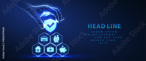 Insurance system. Hexagons made pyramid and hand hold the top element with shield icon. Virtual AI assistant, Insurance plane, Artificial agent, digital technology, AI integrate, futuristic service


