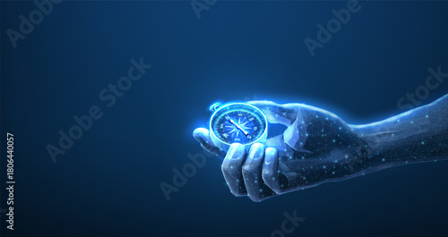 Compass in digital hand. business strategic explorer, Vision crisis, Mission path, Agency creative, Digital strategy, Market decision, Achievement strategy, Financial stock, Company vision concepts


