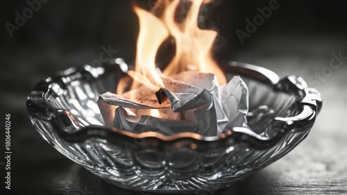 Close-up of flames dancing above crumpled paper in a crystal bowl showcasing smoke curling upward set against a dark textured surface illuminated by soft light creating a warm glow around the edges.