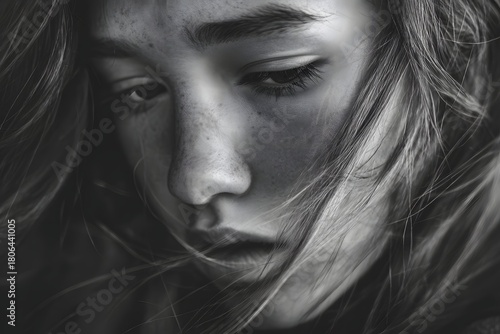 Close-up portrait of a young woman with windswept hair in black and white