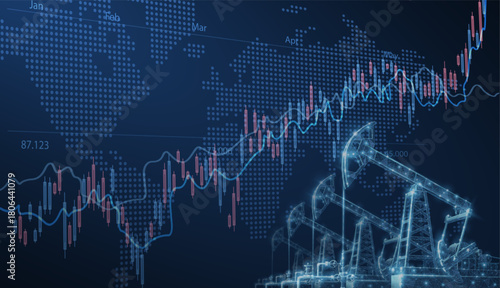 Digital screen showcasing financial chart graphs and oil pumps field. Achievement in well development, Tank rise, Management of demand, Crude petrol energy, Euro gas trade, Oil price increase concept

