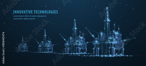Oil rigs. Abstract 3d floating rig platform isolated on blue. Gas platform, offshore drilling, refinery plant, petroleum industry, energy resource, innovation well drilling, oilfield equipment concept