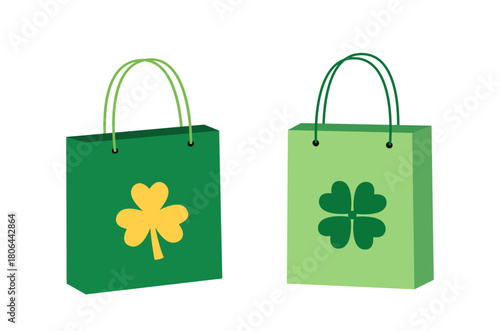 Set of St. Patrick’s Day Gift Bag flat vector Illustration. 
Lucky Shamrock Paper Bag Clipart.
White background.