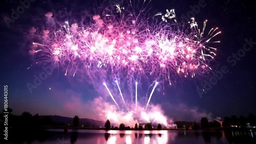 Spectacular Fireworks Display Illuminates the Night Sky Over Water.