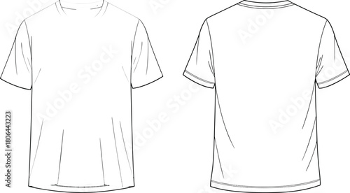 Relaxed fit crew neck t-shirt technical fashion illustration, front and back view, CAD drawing flat vector illustration.